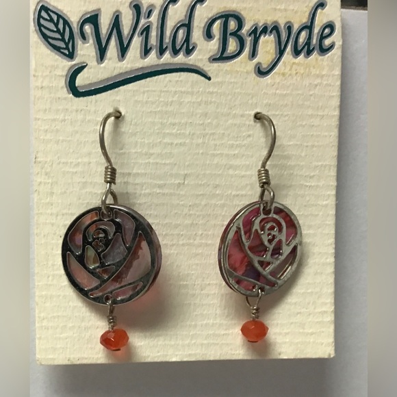 NWT Wild Bryde pink flower French wire pierced earrings rhodium plated - Picture 2 of 3